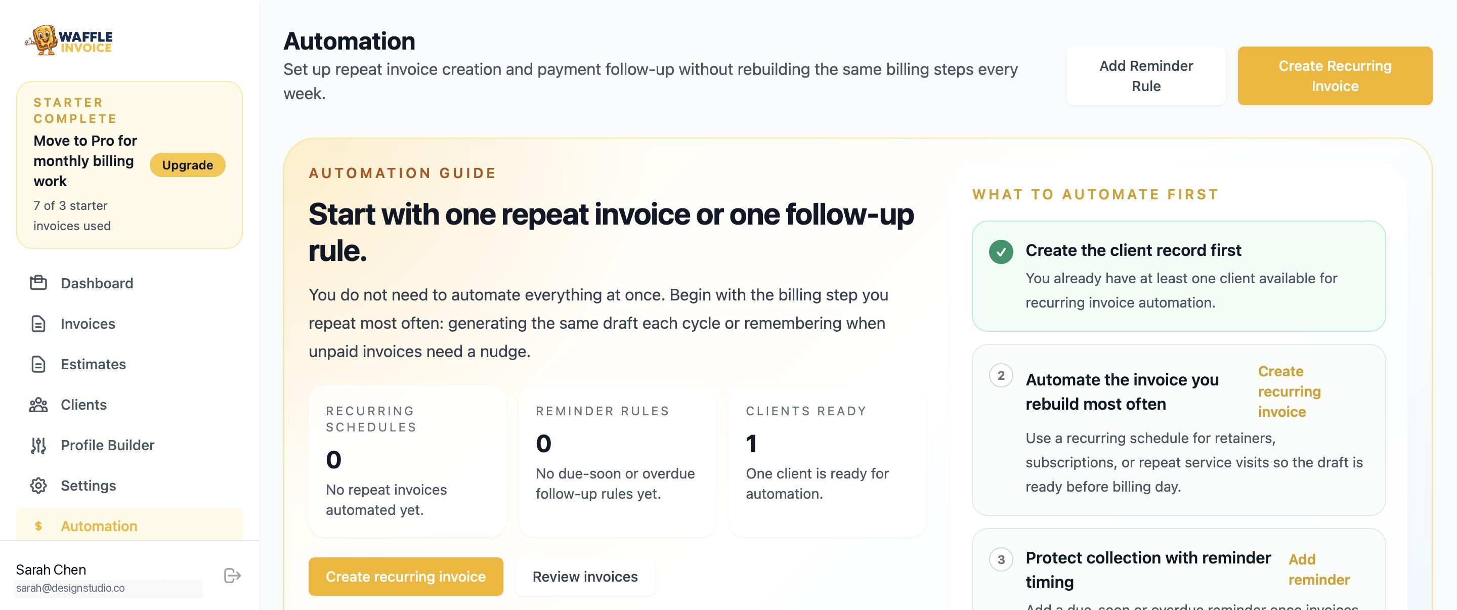 WaffleInvoice automation page for setting up recurring invoices and payment reminders