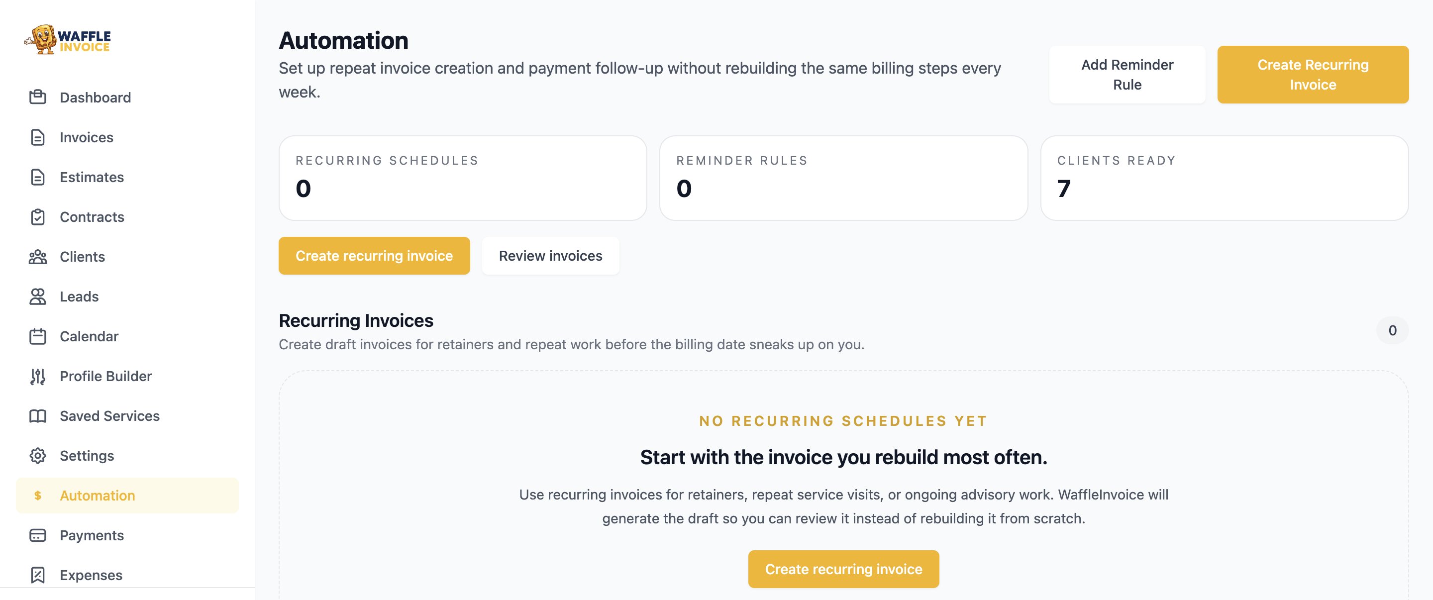WaffleInvoice automation for recurring invoices