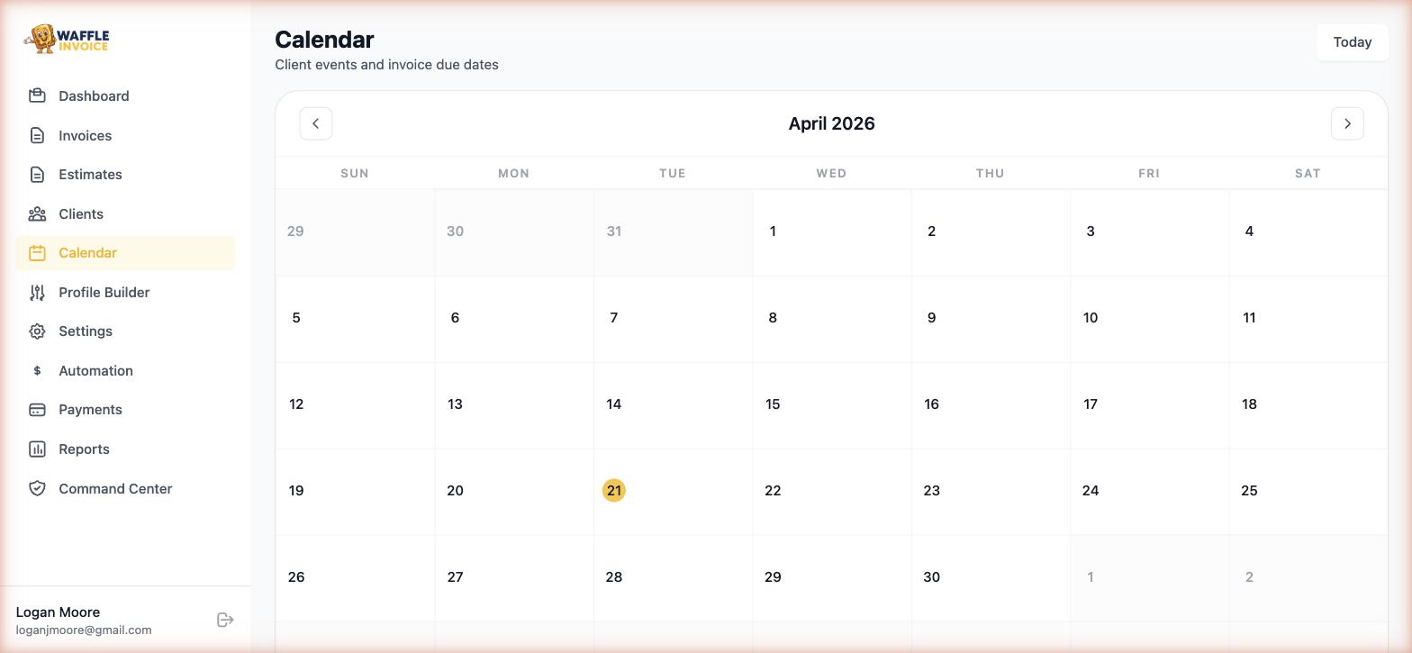 WaffleInvoice calendar view showing due dates and upcoming billing