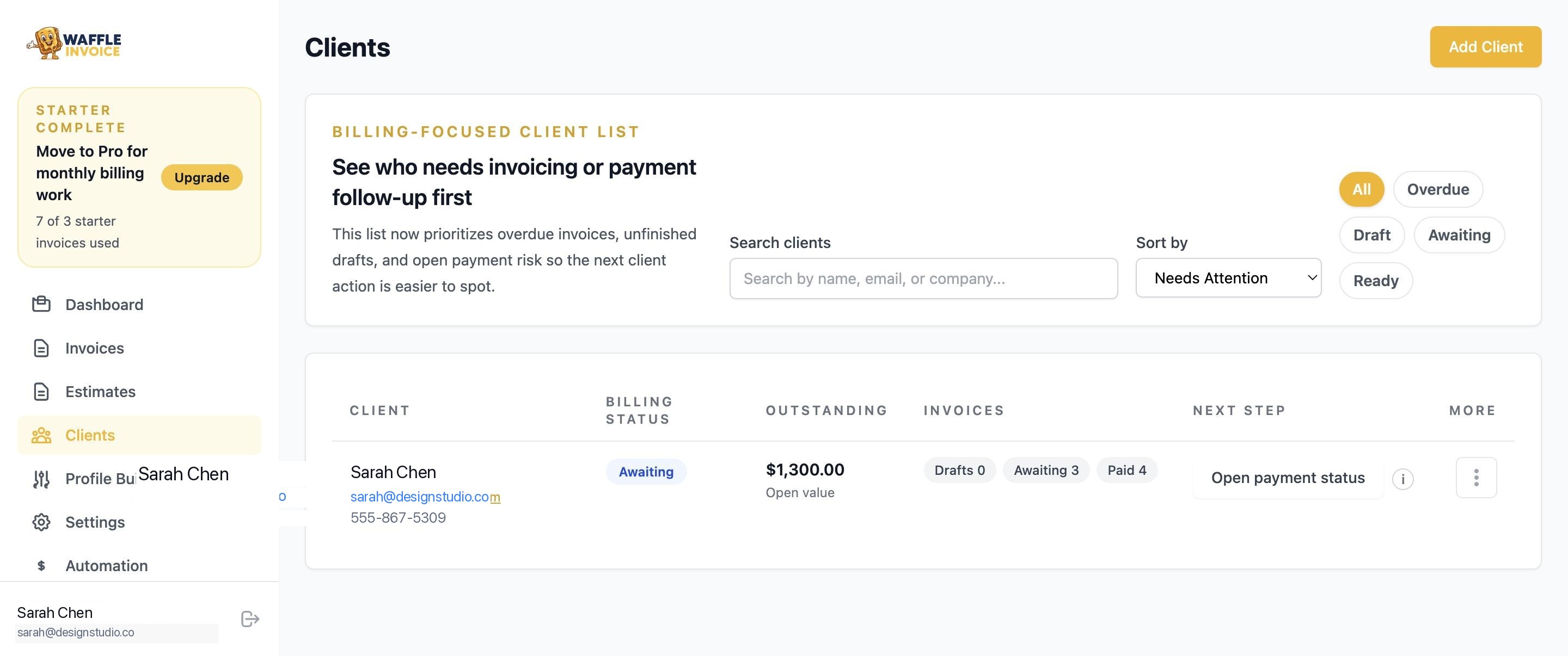 WaffleInvoice clients list with billing status, outstanding amounts, and next steps
