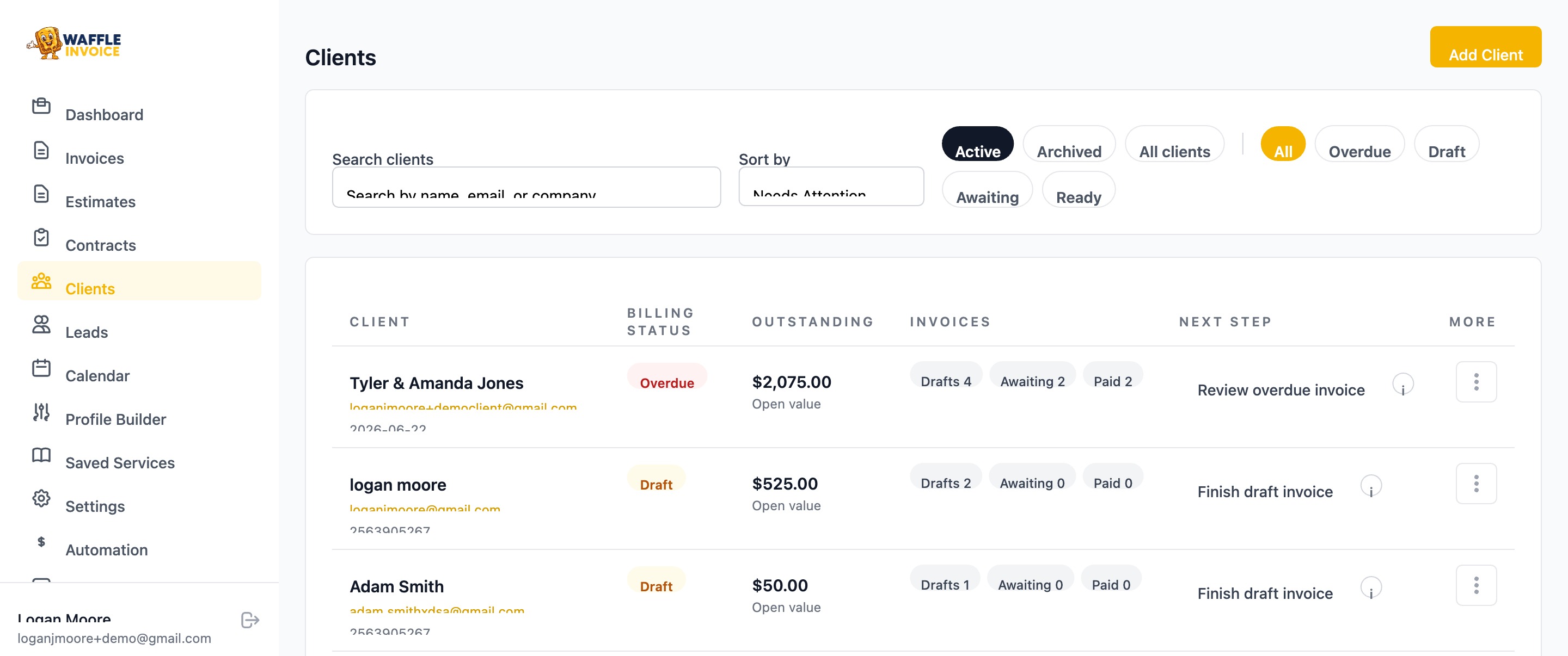 WaffleInvoice clients list with billing status