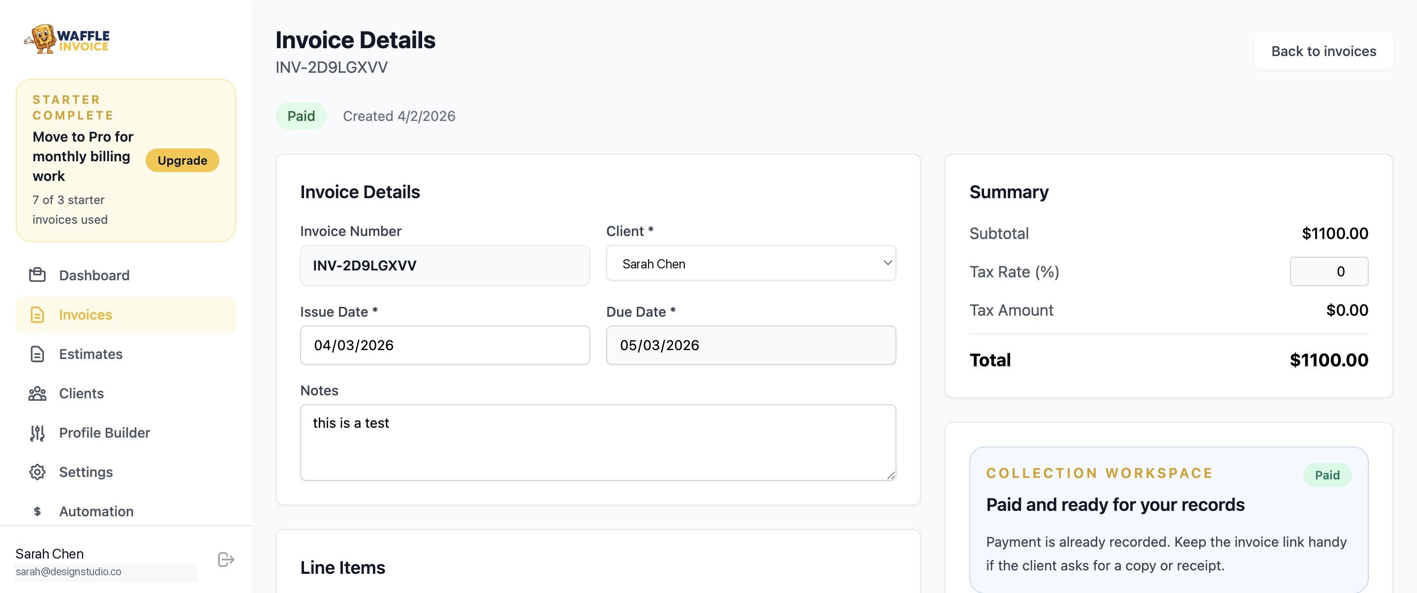 WaffleInvoice invoice editor with line items, summary, and collection workspace