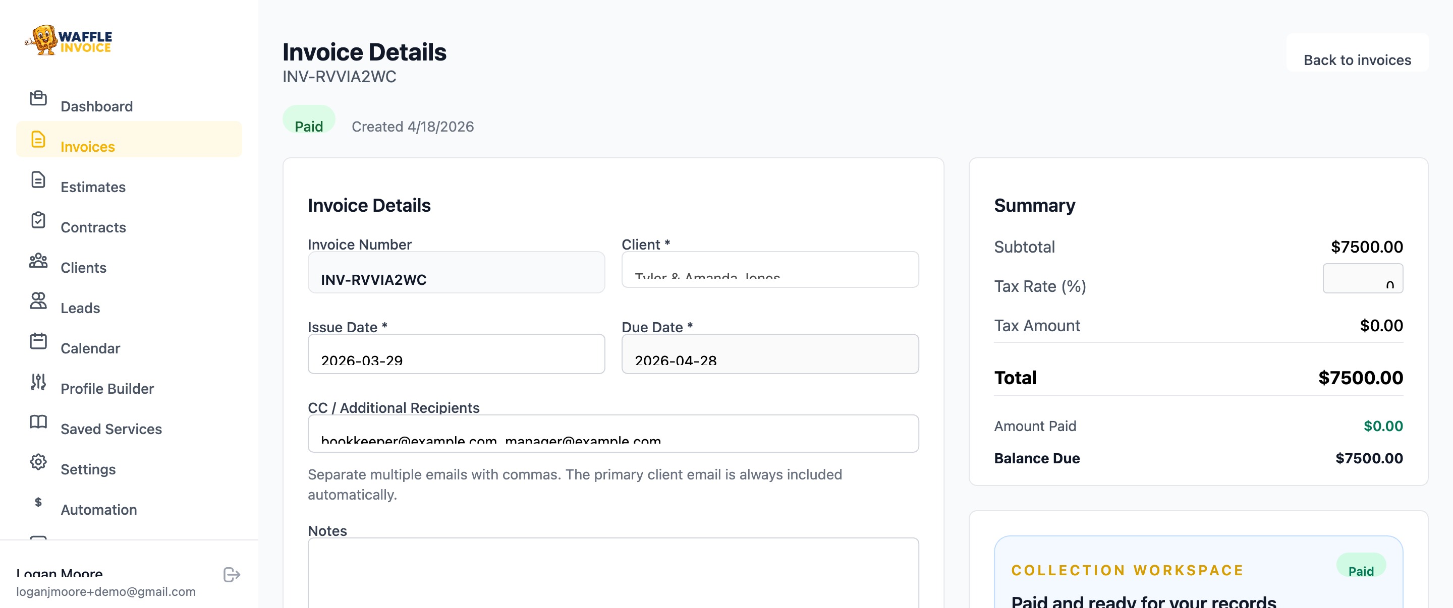 WaffleInvoice editor showing a clean, branded invoice for a copywriting project
