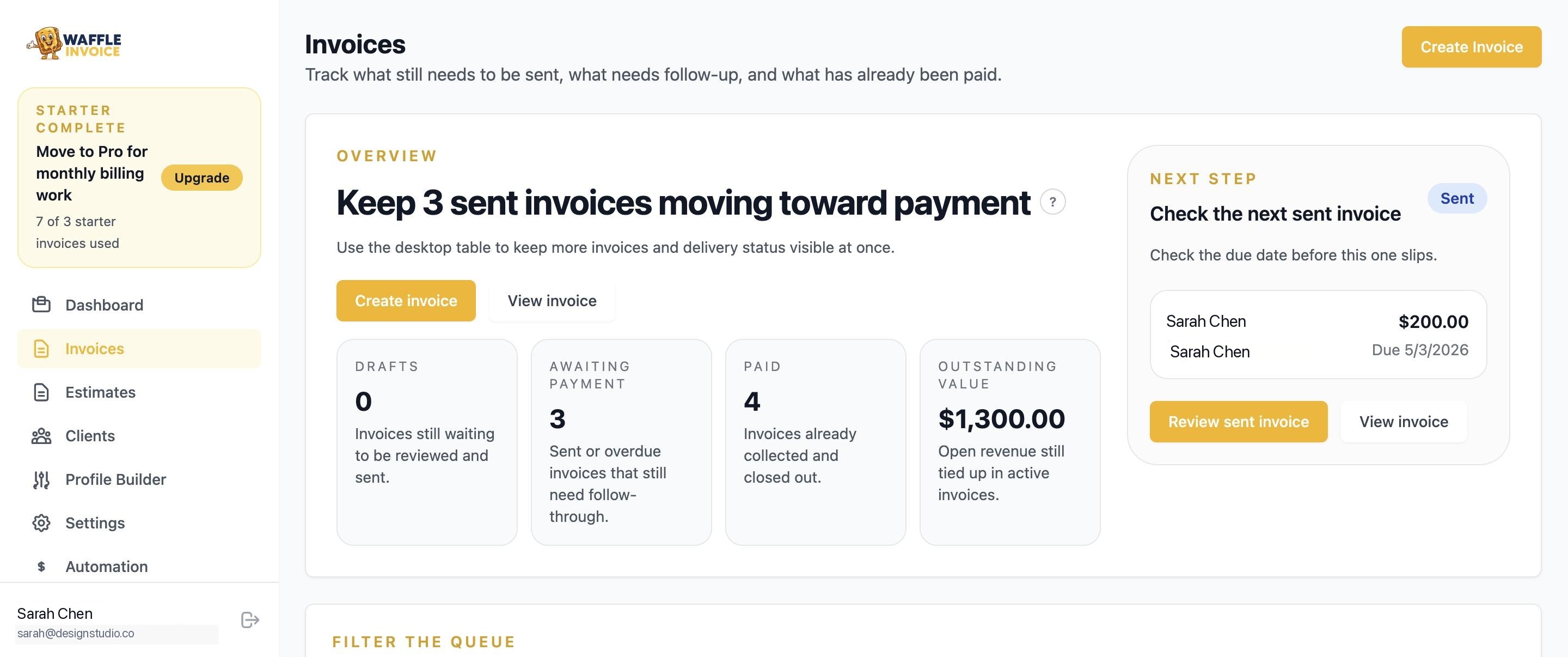 WaffleInvoice invoices overview showing sent invoices and payment status