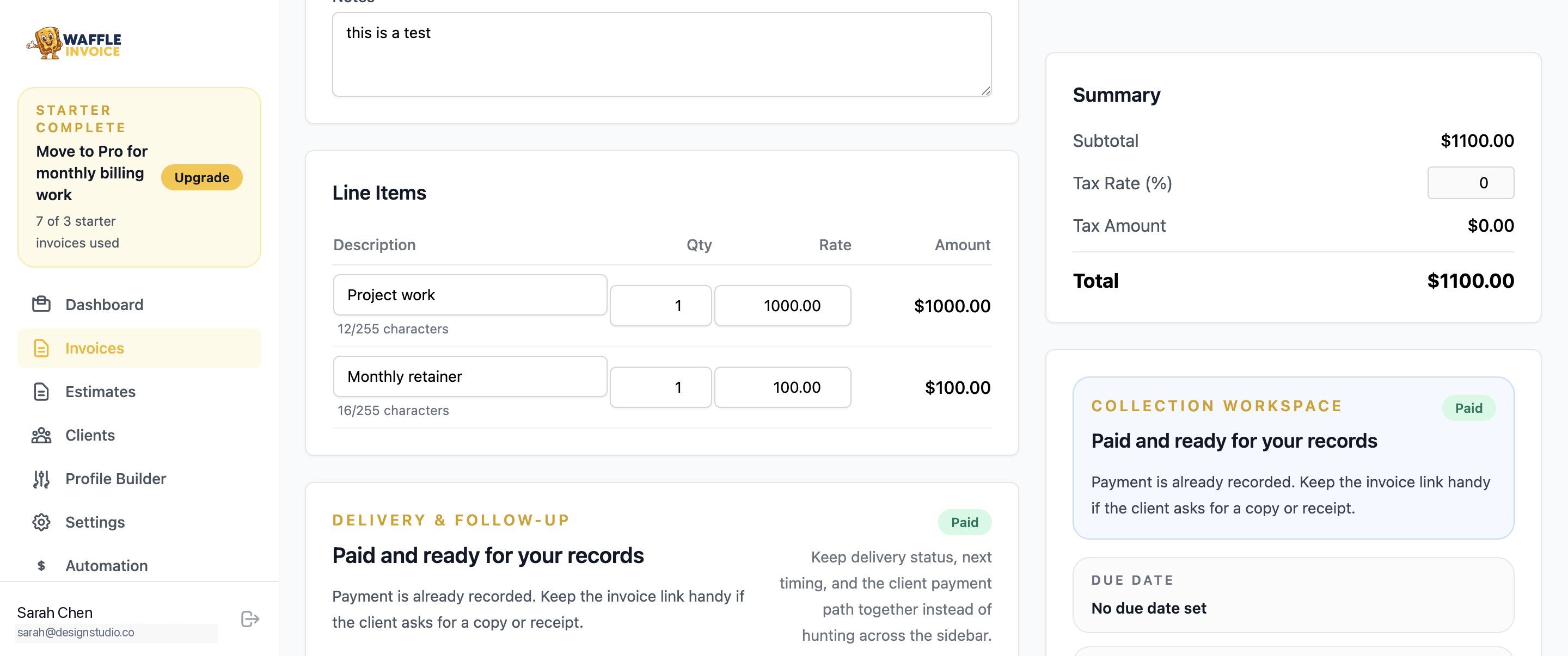 WaffleInvoice invoice line items and delivery status