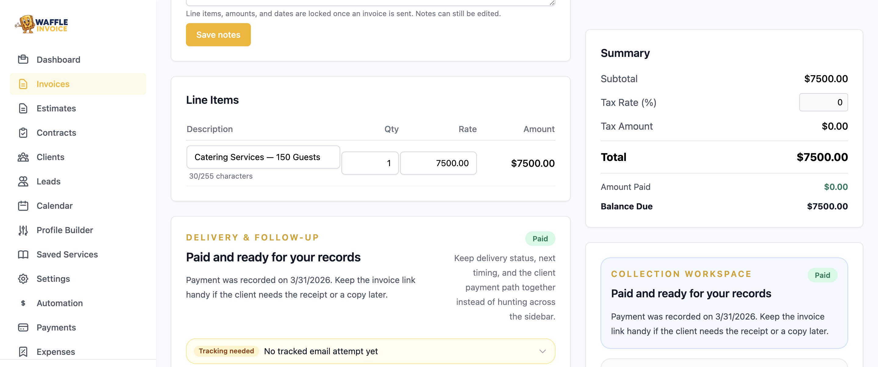 WaffleInvoice invoice line items and delivery status